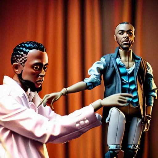 Image similar to “an award winning fisheye photograph of a plastic action figure doll of Kendrick Lamar the rapper hip hop artist dressed as a scientist, studying a life sized strand of DNA”