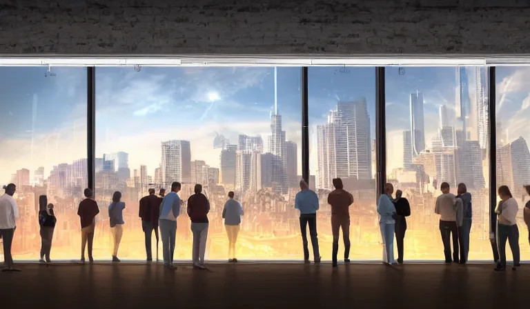 Prompt: large group people in simple warehouse, looking at hologram of futuristic downtown on a table, cinematic concept art, godrays, golden hour, natural sunlight, 4 k, clear details, tabletop model buildings, center model buildings, hologram center, crane shot, crane shot, crane shot, clear details, windows