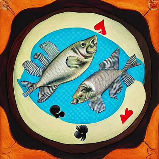 Image similar to two fishes sitting at a table playing cards at the bottom of the sea, the table has a checkered table cloth, lowbrow surrealistic, in the style of mark ryden,