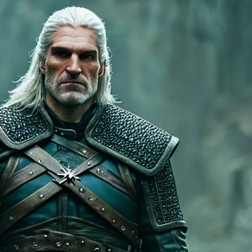 Image similar to film still of of geralt from the witcher, sitting on a rock deep in thought, his arm bent and chin resting on his wrist