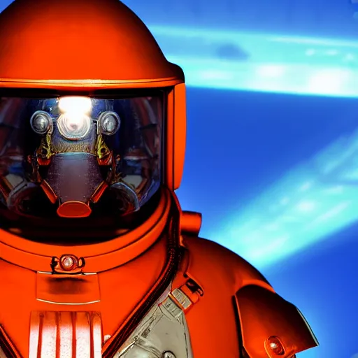 Image similar to spacemarine spacehelmet, dark armor, glowing neon orange details, full body, dark space background, clear lines, cinematic lighting, 4k, hyperrealistic, god rays, high details, unreal engine 5, cinematic