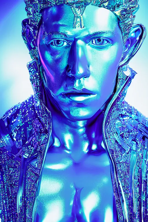 Prompt: hyper detailed ultra sharp portrait of baroque and bladerunner delicate neon diamond sculpture of seductive albino pharaoh nick jonas, diamond sphinx blue iridescent humanoid deity wearing metallic hoody made out of hands holding the sun prismatic dungeon, glowing blue face, crown of white diamonds, cinematic lighting, photorealistic, octane render 8 k depth of field 3 d