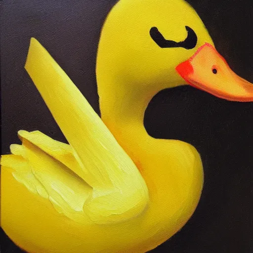 Image similar to yellow duck holding a knife, oil painting