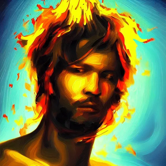 Image similar to abstract painting of man on fire. Handsome. Long hair. portrait. ArtStation. Impressionist. Painful.