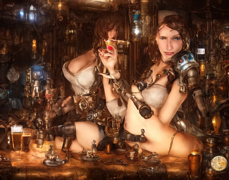 Image similar to a cyborg girl drinking jn fantasy airship tavern, steampunk, realistic fingers, realistic body, realistic clothing, beautiful texture, beautiful graphics, fantasy artwork, very beautiful scenery, hd, hdr, ue 5, ue 6, unreal engine 5, cinematic 4 k wallpaper, 8 k, ultra detailed