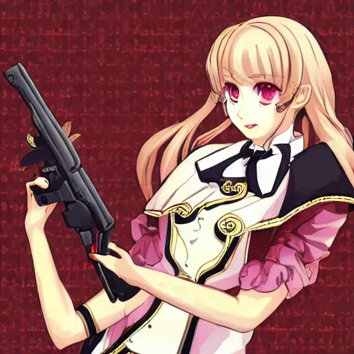 Prompt: a picture of beatrice from the visual novel umineko holding a gun, trending, aesthetic, illustration, award wining details