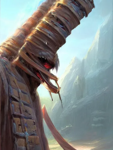 Prompt: a wary warrior behind a stakes palisade. its head wraped in a bandage. intricate, elegant, highly detailed, digital painting, artstation, concept art, sharp focus, illustration, by justin gerard and artgerm, 8 k