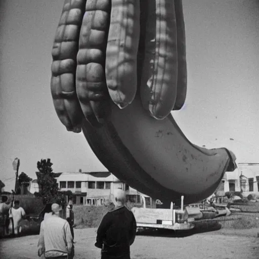 Image similar to The world's largest banana, there are people standing next to the banana depicting its scale, photo taken on a ww2 camera.