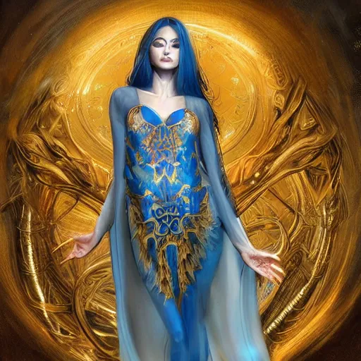 Image similar to a beautiful woman wearing a blue kaftan made of silk with golden ornaments by alex gray and android jones , Karol Bak, Ayami Kojima, Amano , concept art, character design, fantasy,3D, 8k resolution