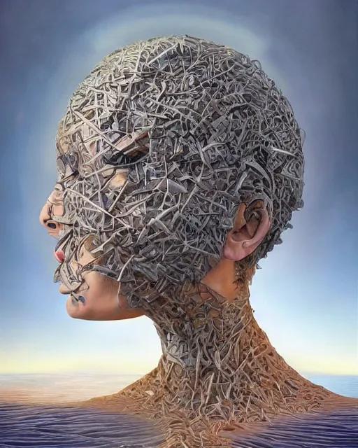 Image similar to gender dysphoria theme surrealist art in the styles of igor morski, jim warren, and rob gonsalves, intricate, hyperrealistic, volumetric lighting