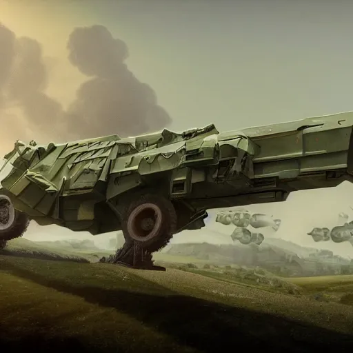 Image similar to Watermelon as military vehicle with epic weapons, launching rockets on a battlefield, russian city as background. Concept digital art in style of Caspar David Friedrich, Less watermelon more military vehicle,unreal engine 5, artstationHD, 4k, 8k, 3d render, 3d Houdini, cinema 4d, octane epic RTX dimensional dramatic light