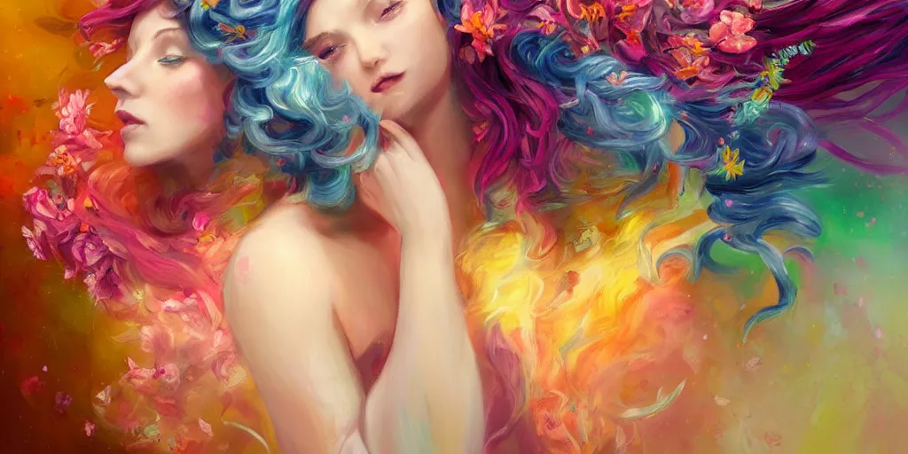 Image similar to a colorful and provenance portrait painting of a angel with her hugeflowers wings spread out gracefully, highly saturated colors, highly detailed, hair made of hair made of air wind and curling smoke, mist, dust, genie, flowers, flower, stars, spirit fantasy concept art, art by charlie bowater and aenami, trending on artstation.