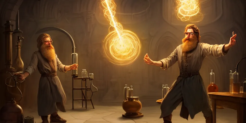 Image similar to a handsome bearded caucasian male sorcerer with brown hair he is casting a spell with flowing energy, he is in a alchemist lab filled with beakers and equipment, neutral pose, epic composition, 4 k, light rays, by dave melvin 3. 0 | dan luvisi 1. 0 | greg rutkowski 2. 5