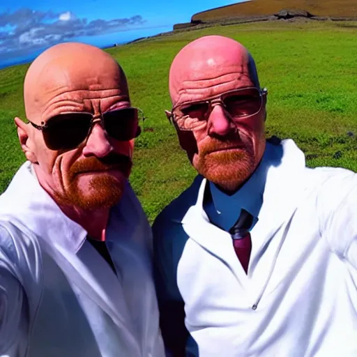 Image similar to walter white taking a selfie on rapa nui, moai