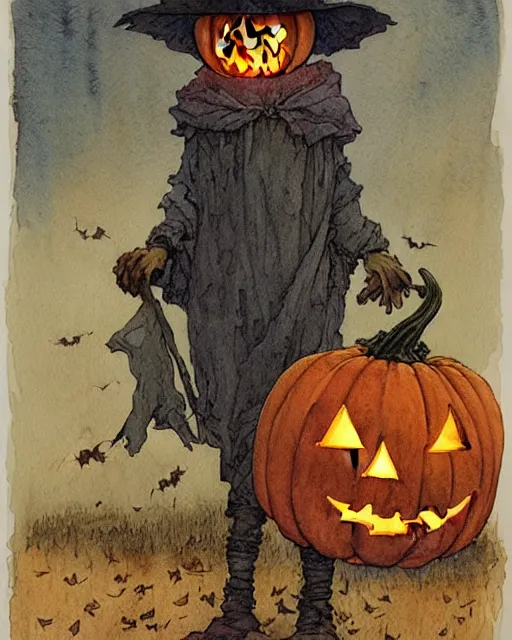 Image similar to a simple and atmospheric watercolour portrait of a scarecrow with a jack - o - lantern head holding a lantern on halloween, very muted colors, by rebecca guay, michael kaluta, charles vess and jean moebius giraud