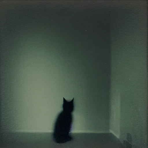 Prompt: black cloudy shadow of a cat on the painted wall, very blurry, mystical, misty, dreamy, shadow polaroid photo, by Warhol