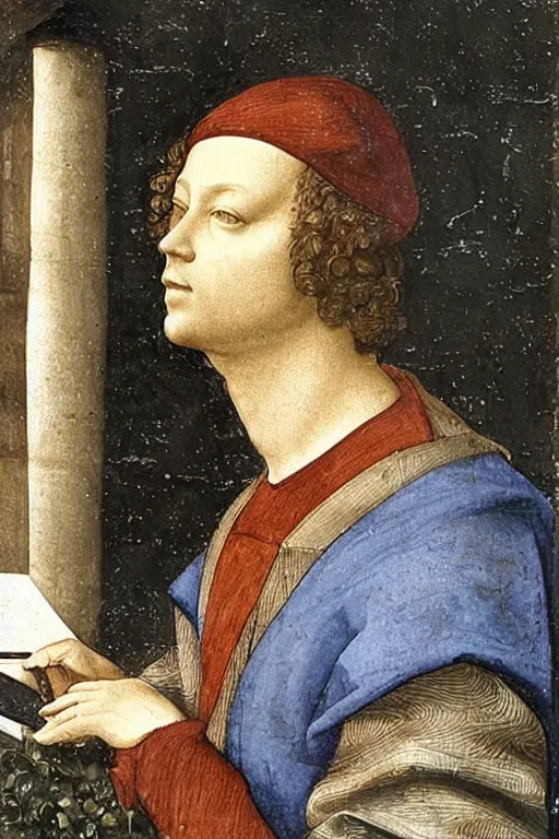 Image similar to leonardo da vince writing a sms