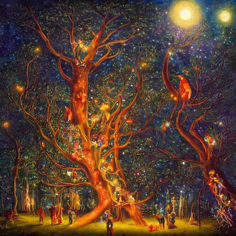 Image similar to a night carnival around a magical tree cavity, with a surreal orange moonlight and fireworks in the background, next to a lake with iridiscent water, christmas lights, folklore animals and people disguised as fantastic creatures in a magical forest by summer night, masterpiece painted by richard burchett, dark night environment