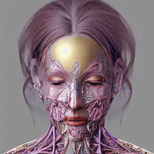 Image similar to beatifull face portrait of a woman, 150 mm, anatomical, flesh, flowers, mandelbrot fractal, facial muscles, veins, arteries, intricate, golden ratio, full frame, microscopic, elegant, highly detailed, ornate, ornament, sculpture, elegant , luxury, beautifully lit, ray trace, octane render in the style of peter Gric , alex grey and Romero Ressendi