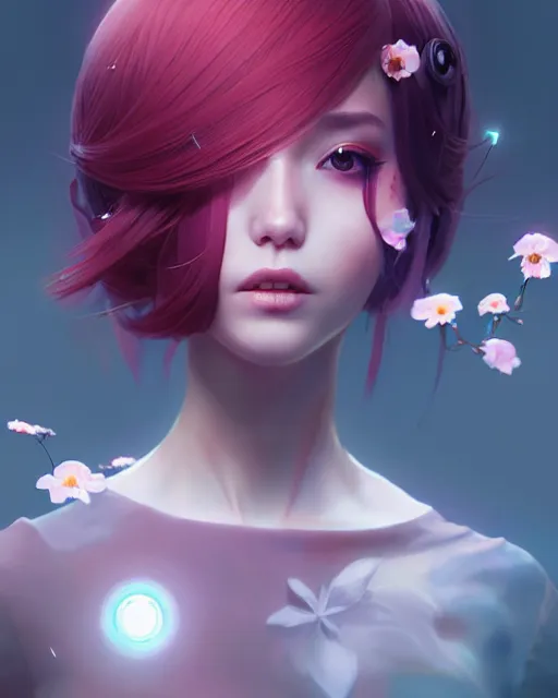 Image similar to perfect android girl, rose hair, cyborg, flowers, cinematic lighting, garden, beautiful girl, kim hyun joo, advanced technology, futuristic, art by ilya kuvshinov, akiko takase, eugene gottsnake, stanislav istratov and su fu and antoine collignon