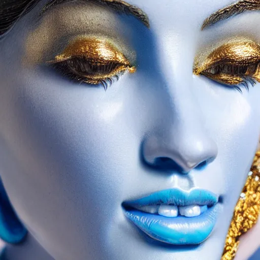 Image similar to a blue marble statue masterpiece of a gorgeous woman made from blue marble with white and gold, macro detailed oily skin. highly detailed, sharpness. victorian dress. hyper realistic., close up, face only, portrait, bright lights, bright render, octane render, corona render