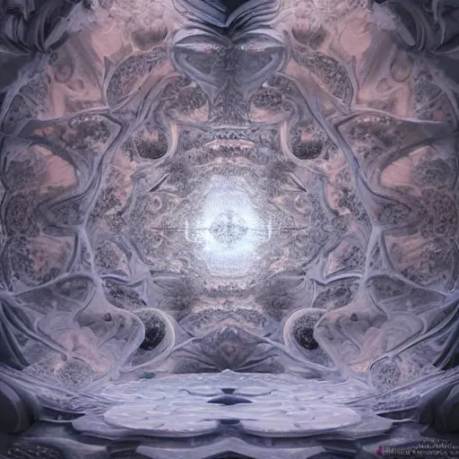 Image similar to a beautiful 3 d painting of a huge sprawling fractal cathedral interior populated by mandelbrot fractals by android jones, unreal engine, carved stone, carved soap, white color scheme, volumetric lighting, octane render, dramatic lighting, glowing, carved marble, opalescent, sacred geometry, religious, angelic, catholicpunk, stark, trending on artstation