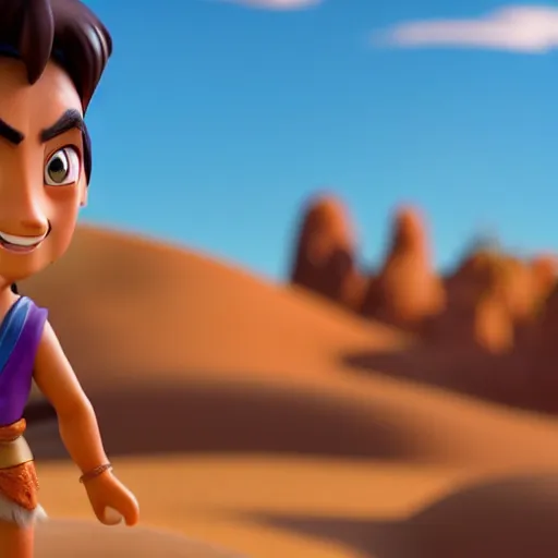 Image similar to profile view of young aladdin as nendoroid walking in a desert in the croods movie style, wearing typical clothes, 8 k, hd, dof, kodak film, volumetric lighting, bright backlit, subsurface scattering, photorealistic, octane render