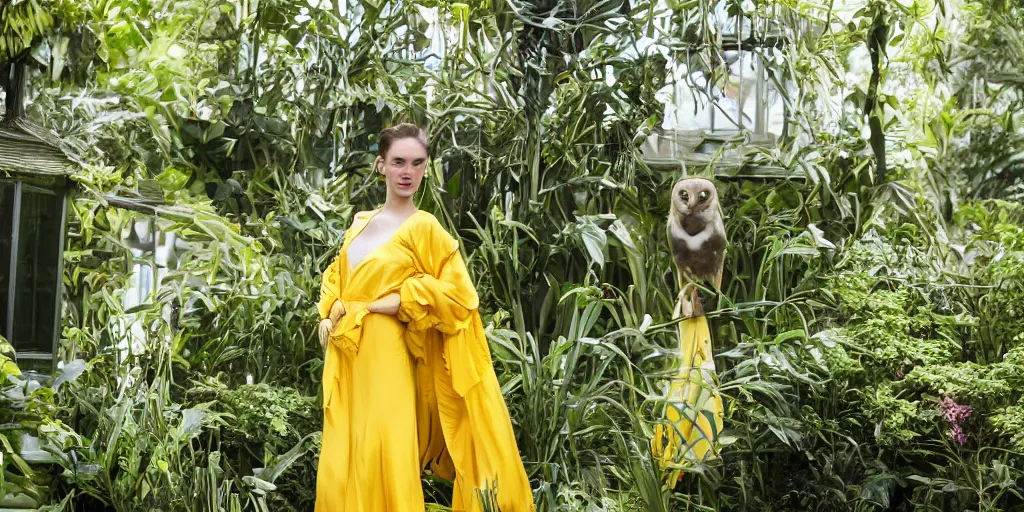 Image similar to film still of an elegant top model wearing a yellow kimono with a very detailed barn owl on her shoulder!!! in a tropical greenhouse. looking at the camera!!. super resolution. 85 mm f1.8 lens.bokeh. graflex. art by Alessio albi and ashley wood and Edmund Blair Leighton and John Singer Sargent! -