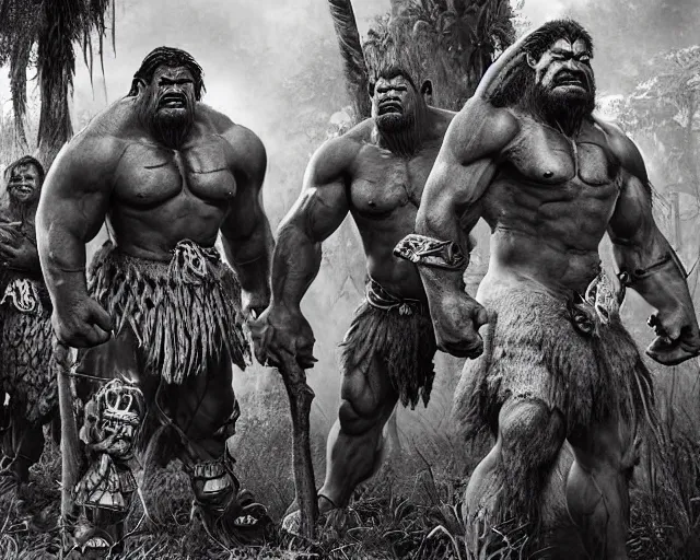 Image similar to hyper realistic group vintage photograph of a live action warcraft orc warrior tribe in the jungle, tall, hulk like physique, detailed faces, tribal paint, tribal armor, grain, old, monochrome, sepia toned, realistic lighting, wide angle