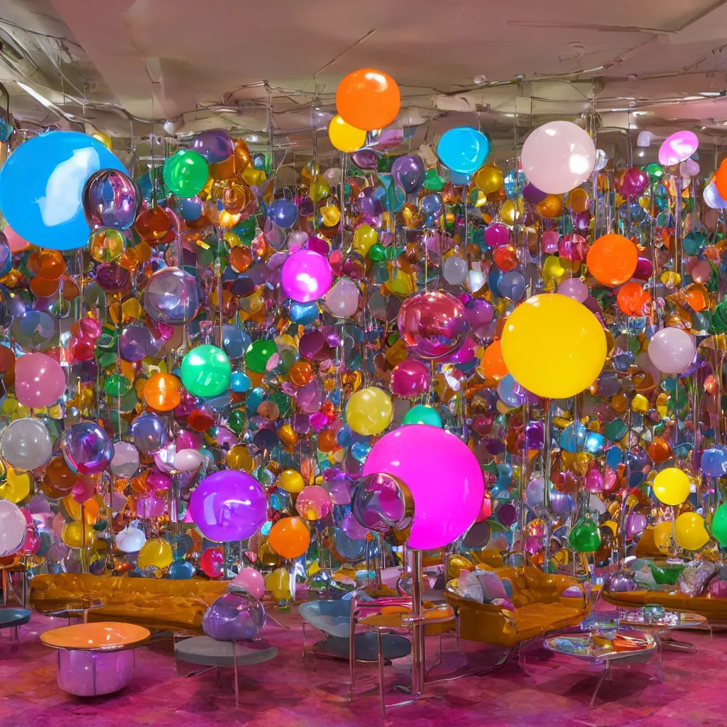 Prompt: floating glowing bulbous chrome sculpture in the middle of a colorful room in the 60's, Wes Anderson