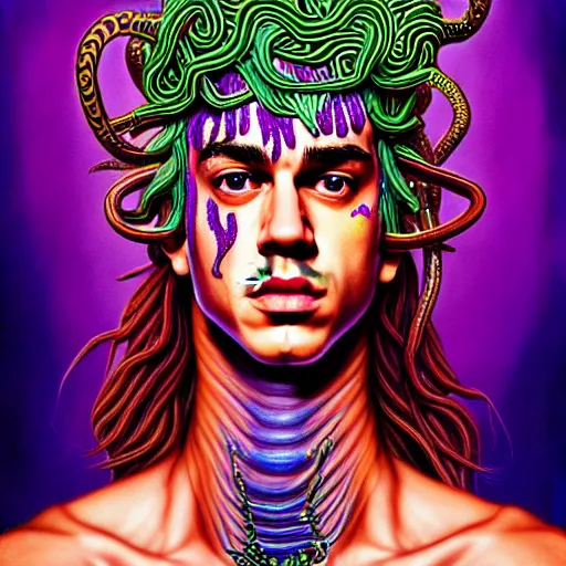 Image similar to an extremely psychedelic portrait of jusyin bieber as medusa, surreal, lsd, face, detailed, intricate, elegant, lithe, highly detailed, digital painting, artstation, concept art, smooth, sharp focus, illustration