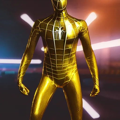 Image similar to gold spider - man suit with black web lining, cinematic, volumetric lighting, realistic, hyperdetailed, photorealistic, photograph