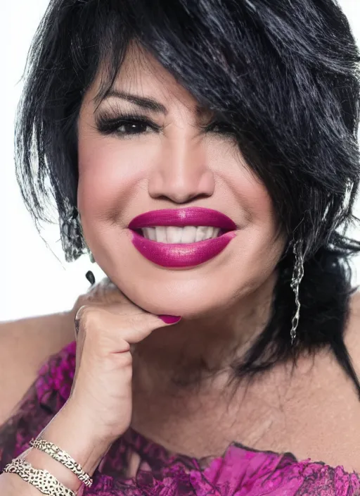 Image similar to dslr photo portrait still of 5 1 year old age 5 1 selena quintanilla at age 5 1!!!, 8 5 mm f 1. 8, studio lighting, vogue