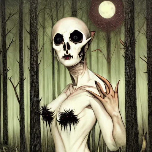 Image similar to an epic horrific wiccan gothic painting of a mother - nature witch cult woman wearing a deer skull, in a moonlit forest by gerald brom by junji ito by vanessa lemen by charlie bowater