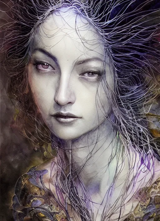 Prompt: portrait, the mystical sage woman who opens the door to the dream realms, watercolor, dramatic lighting, cinematic, establishing shot, extremely high detail, foto realistic, cinematic lighting, pen and ink, intricate line drawings, by Yoshitaka Amano, Ruan Jia, Kentaro Miura, Artgerm, post processed, concept art, artstation, matte painting, style by eddie mendoza, raphael lacoste, alex ross