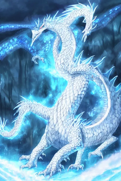 Prompt: still photo of a large, white ice dragon with blue accents. it has a long neck, and its body is covered in scales. its wings are enormous, and it has a long spiky tail. it has a regal appearance, breathing frost, trending on pixiv, by kawacy, digital art, cool lighting