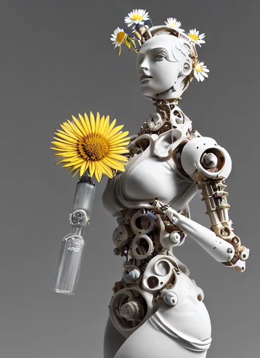 Image similar to biomechanical marble statue carrying a bottle of perfume covered in daisies, up close shot, sharp focus, global illumination, radiant light, alexandre ferra white mecha, irakli nadar, octane highly render, 4 k, ultra hd,