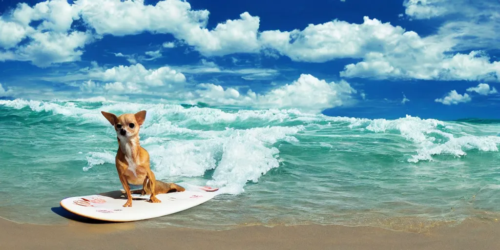 Image similar to chihuahua surfing tropical background waves focus photography 4k hyper realism surreal sunny beach