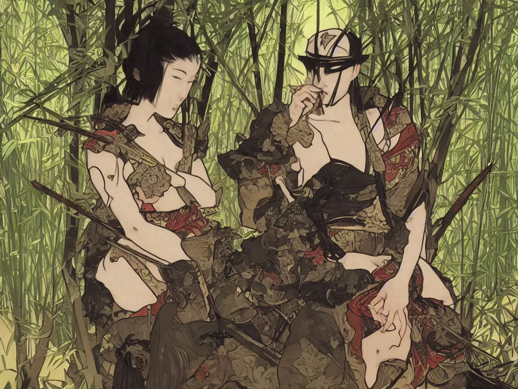 Prompt: a wandering samurai in full armor sitting in a dark bamboo forest, by fiona staples, range murata, alphonse mucha