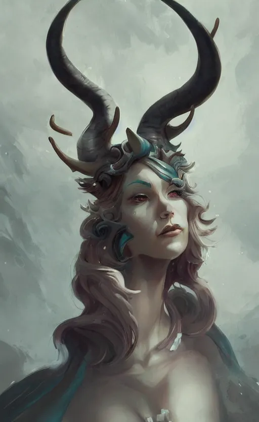 Image similar to a digital painting of a fully dressed woman with horns on her head, concept art by peter mohrbacher, featured on cgsociety, fantasy art, cosmic horror, artstation hd, dark and mysterious