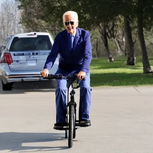 Image similar to joe biden riding a bike with training wheels on