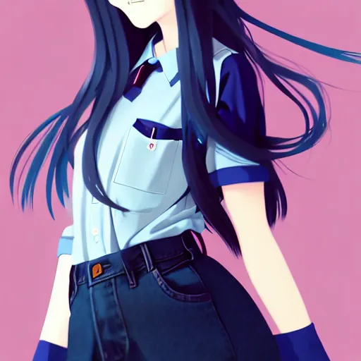 Image similar to urban school girl in shirt fanart, dark blue long hair, muted colors, matte print, pastel colors, ornate, digital art, cute smile, digital painting, fan art, elegant, pixiv, by Ilya Kuvshinov, by Studio Ghibli