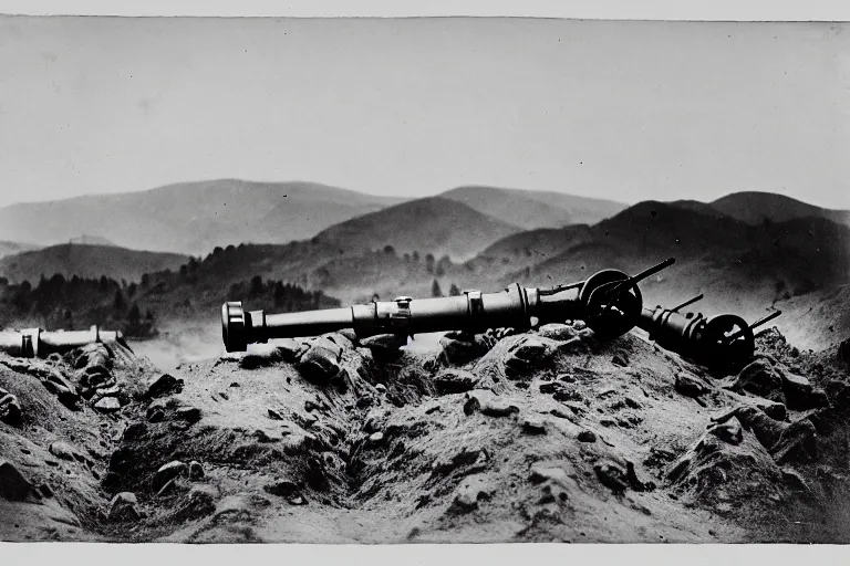 Prompt: 1 5 5 mm artillery in trenches with a beautiful background of hills and mountains, black and white photography, 1 9 2 5