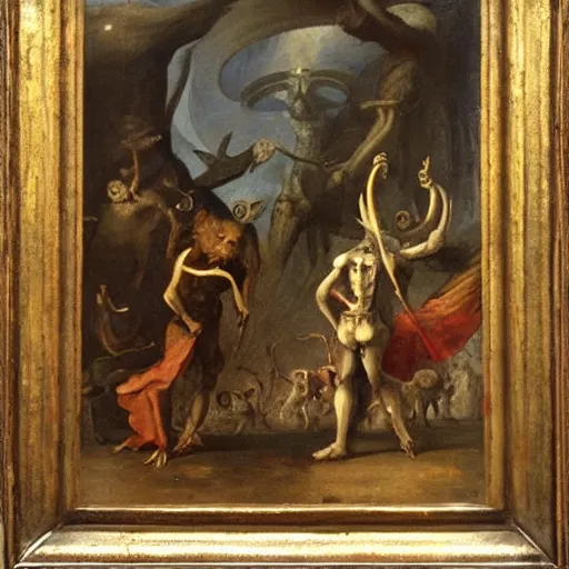 Prompt: In the center of the painting is a large gateway that seems to lead into abyss of darkness. On either side of the gateway are two figures, one a demon-like creature, the other a skeletal figure. in India by David B. Mattingly, by Frans Francken the Younger funereal