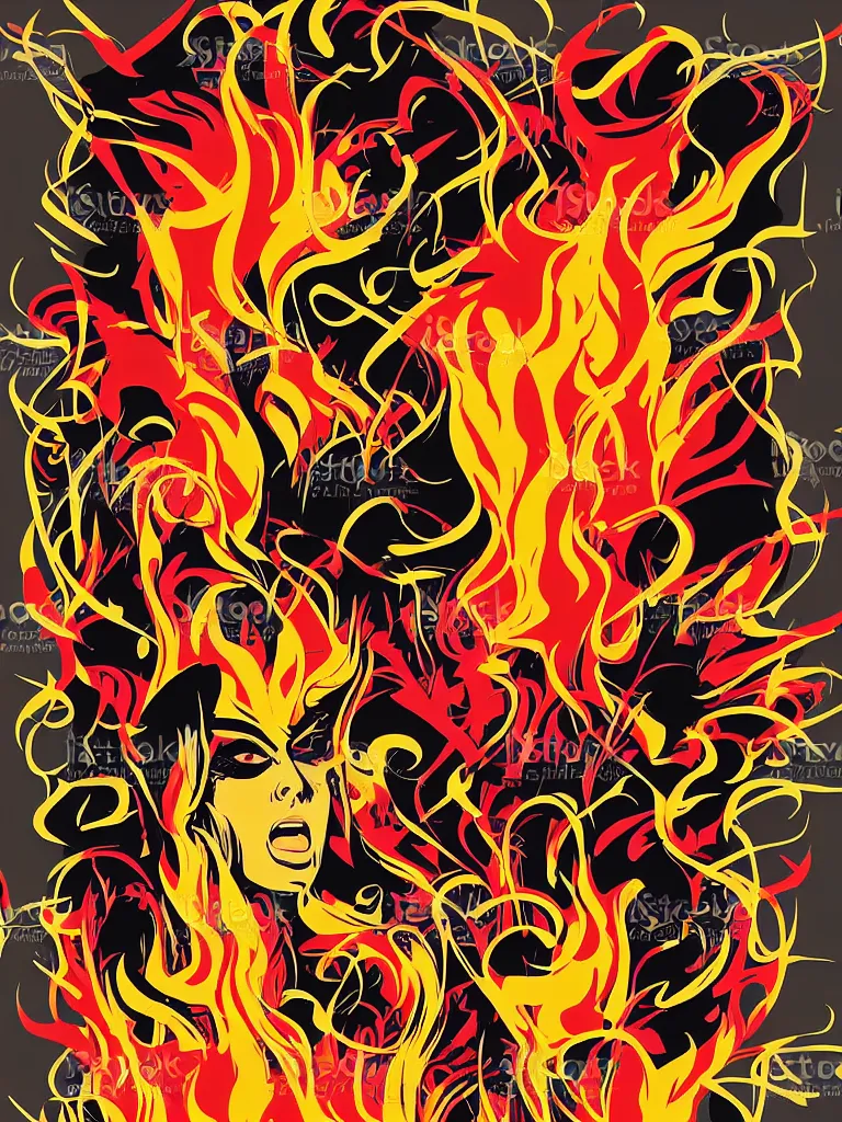 Prompt: vector art concert poster for a glam rock star drag queen, fire theme, concert poster