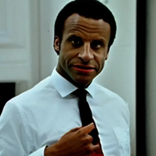 Prompt: african american Emmanuel Macron in American Psycho (1999)