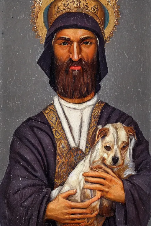 Image similar to Orthodox Slavic dog head man, woolen torso in medieval clothes, Orthodox Saint Christopher, oil painting, hyperrealism, beautiful, high resolution, trending on artstation,