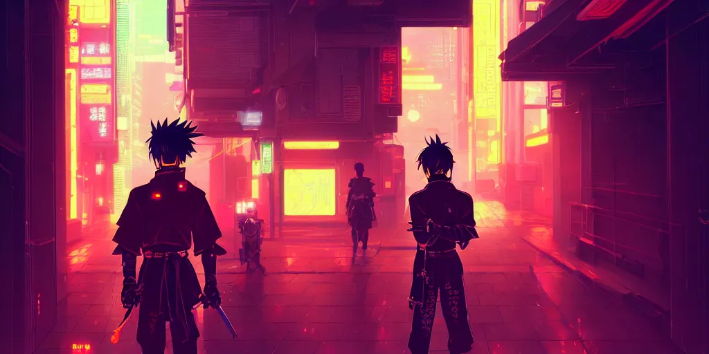 Image similar to digital illustration closeup portrait of cyberpunk samurai in city street at night by makoto shinkai, ilya kuvshinov, lois van baarle, rossdraws, basquiat | afrofuturism, in the style of hearthstone, trending on artstation | cool color scheme