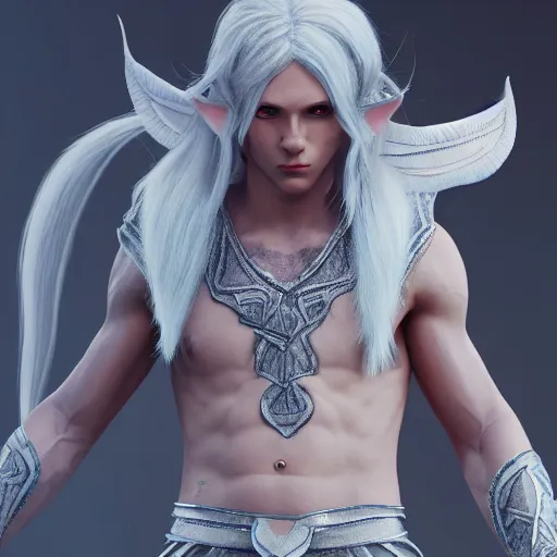 Image similar to a highly detailed male elf in full length, with white long hair, white clothes, bright blue eyes, artstation, DeviantArt, professional, octane render