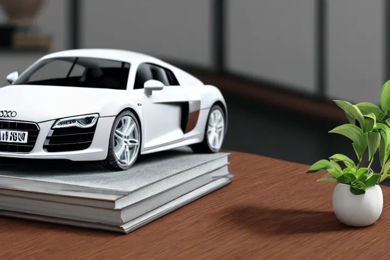 Prompt: a small miniature of a Audi R8 on a white table near a book and a vase with a plant, 3d render, unreal engine 5, octane render, 4k, low contrast, path tracing, serene landscape, calm, relaxing, beautiful landscape, highly detailed, high quality, product photo, hyperrealistic, concept art